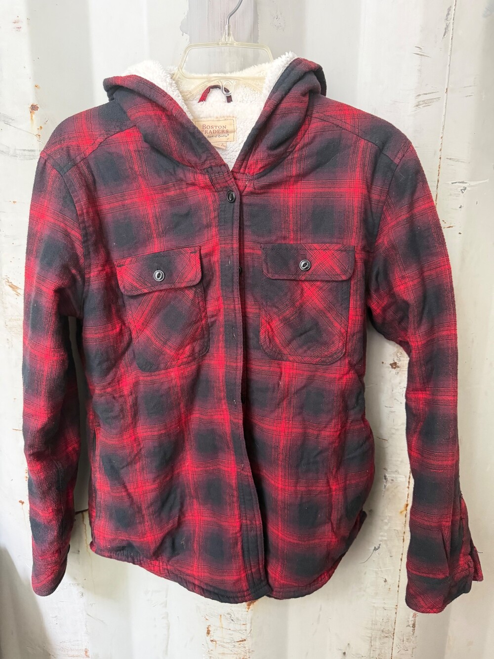 Boston Traders Small Hooded Jacket Red Black Plaid Sherpa Lining